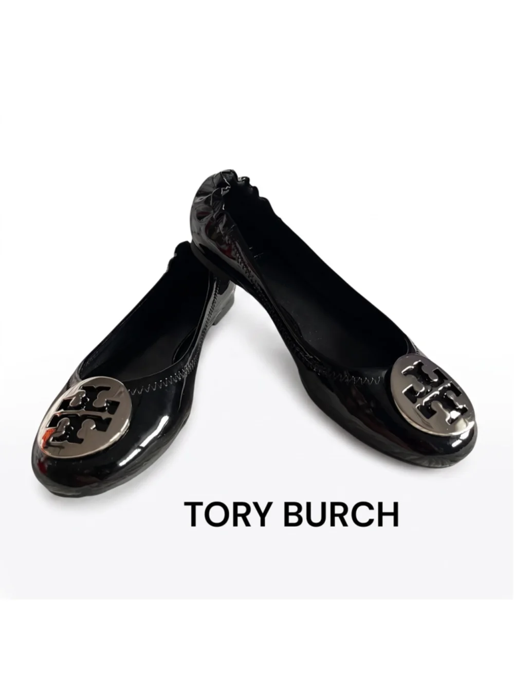 Tory Burch Black Patent Leather REVA Ballet Flats Silver Logo 7
